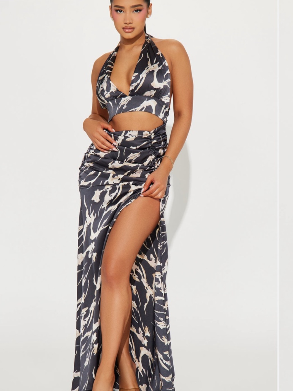 Looking for You Satin Maxi Dress in Black and Cream Print